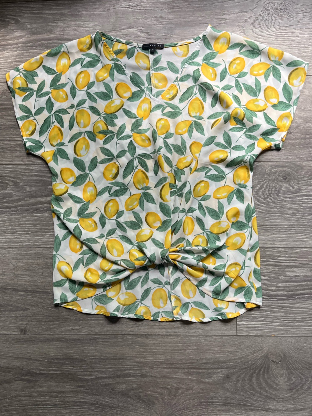 West Kei Yellow Green Lemon Euro Summer Front Twist Blouse Top Size S Brunch
